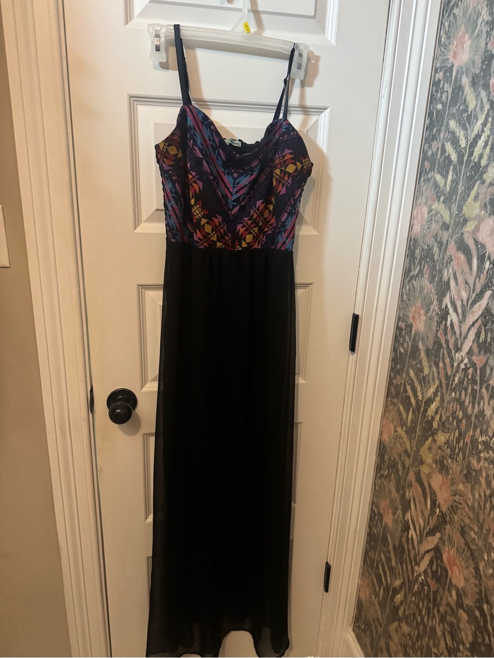 Sleeveless Black Maxi Dress with Multicolor Printed Bodice